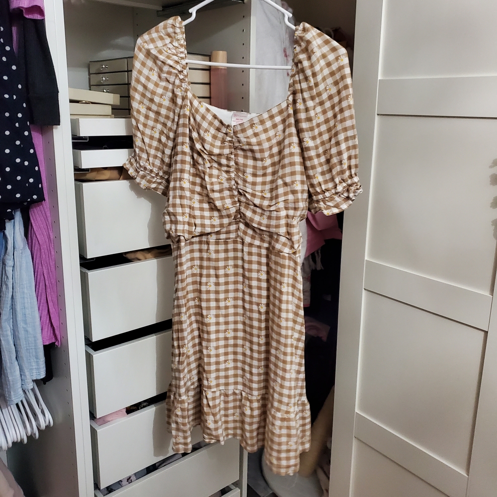 No Boundaries Tan Gingham Mini Dress